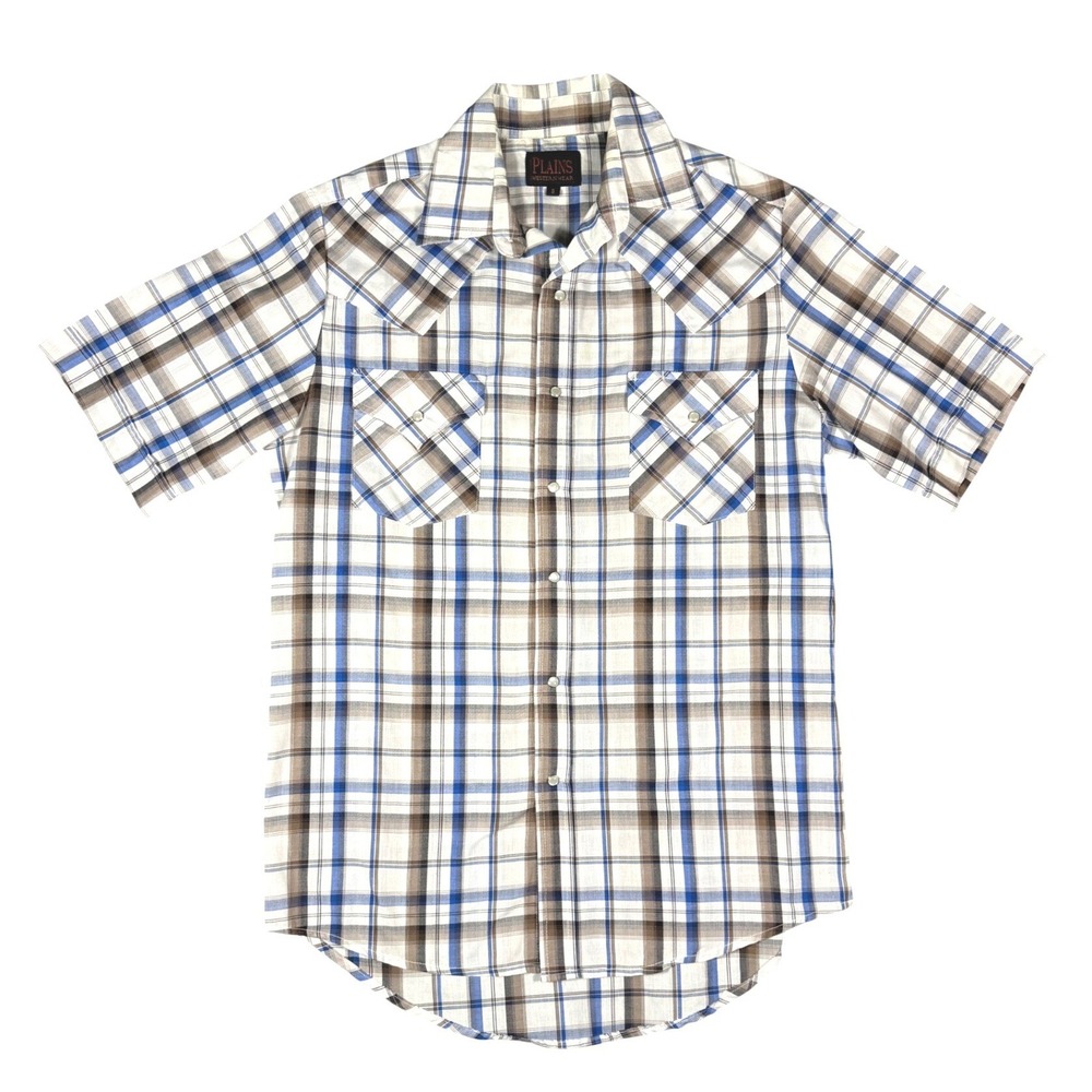 Plains Western Wear Mens Small Blue Brown Plaid Short Sleeve Pearl Snap Shirt